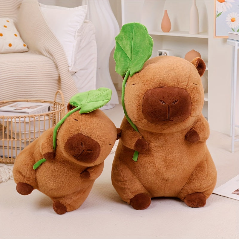 Plush capybara with a lotus leaf hat